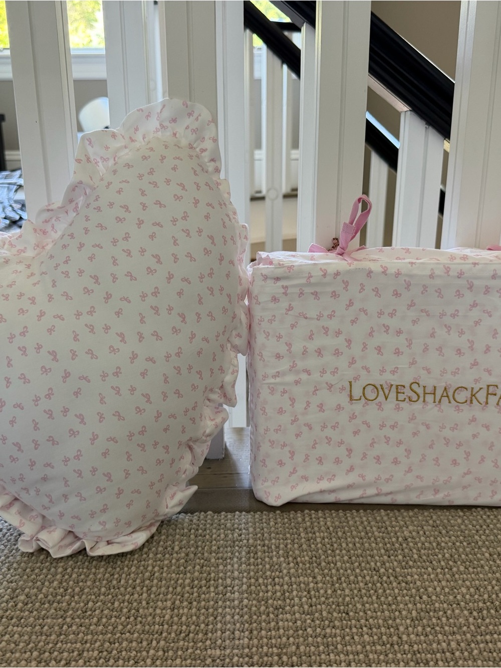 LoveShackFancy Bubble Pink Bow Print Heart Pillow and Sheet Set